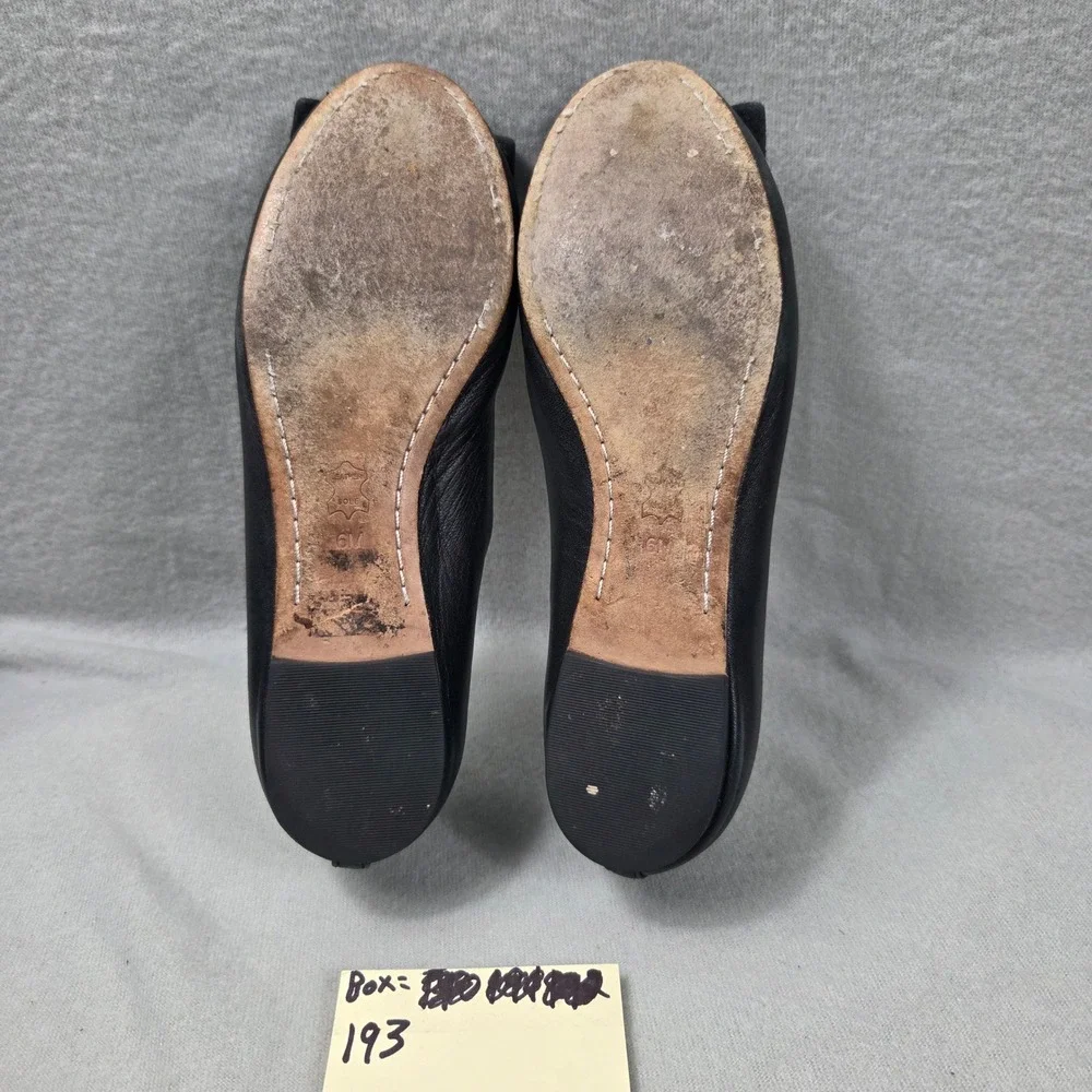 Tory Burch Black Leather Ballet Flats Tortoiseshell Bow Logo Buckle Womens 6M